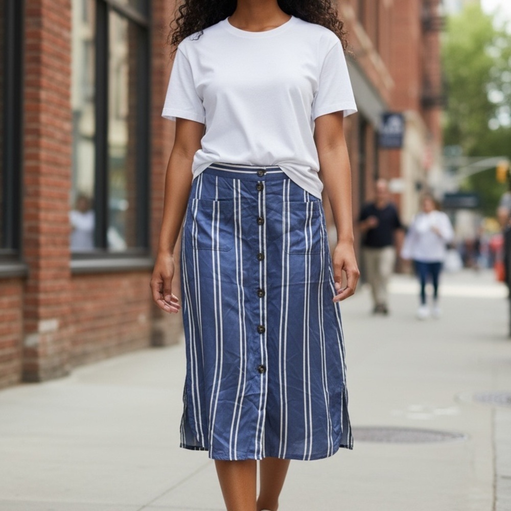Marine Layer Blue Striped Button-Front Midi Skirt